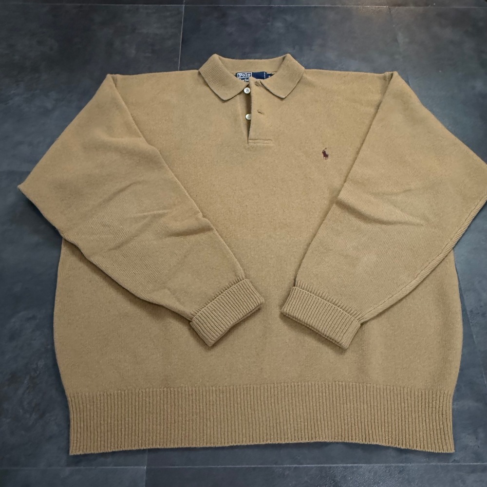 Vintage 90's Polo Ralph Lauren Mens XL Lambswool Mock Neck Button Sweater Camel